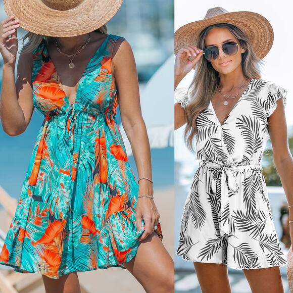 NWT Cupshe Beach  Plunging Mini Dress Coverup & Loose Leg Romper Bundle Size M - Picture 1 of 7